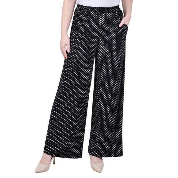 NY Collection Womens Petite Wide Leg Pant Pull On In Black White Taranto Dot PXL - Picture 3 of 3